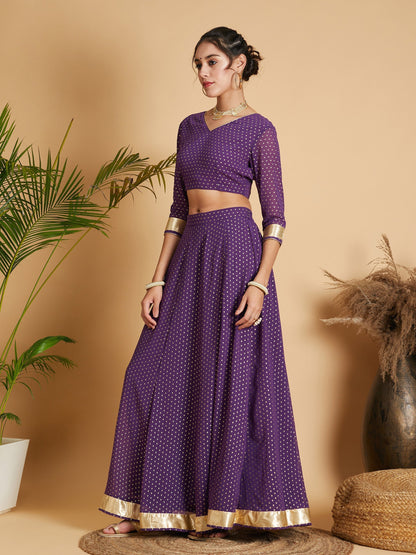 Women's Purple Dot Foil Print Anarkali Skirt With Crop Top