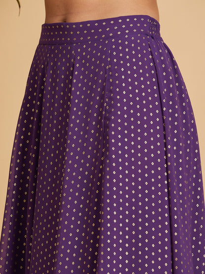 Women's Purple Dot Foil Print Anarkali Skirt With Crop Top