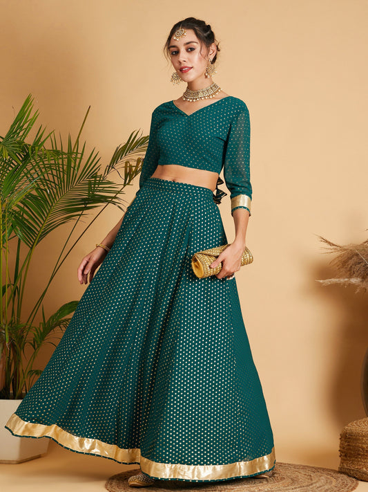 Women's Emerald Dot Foil Print Anarkali Skirt With Crop Top