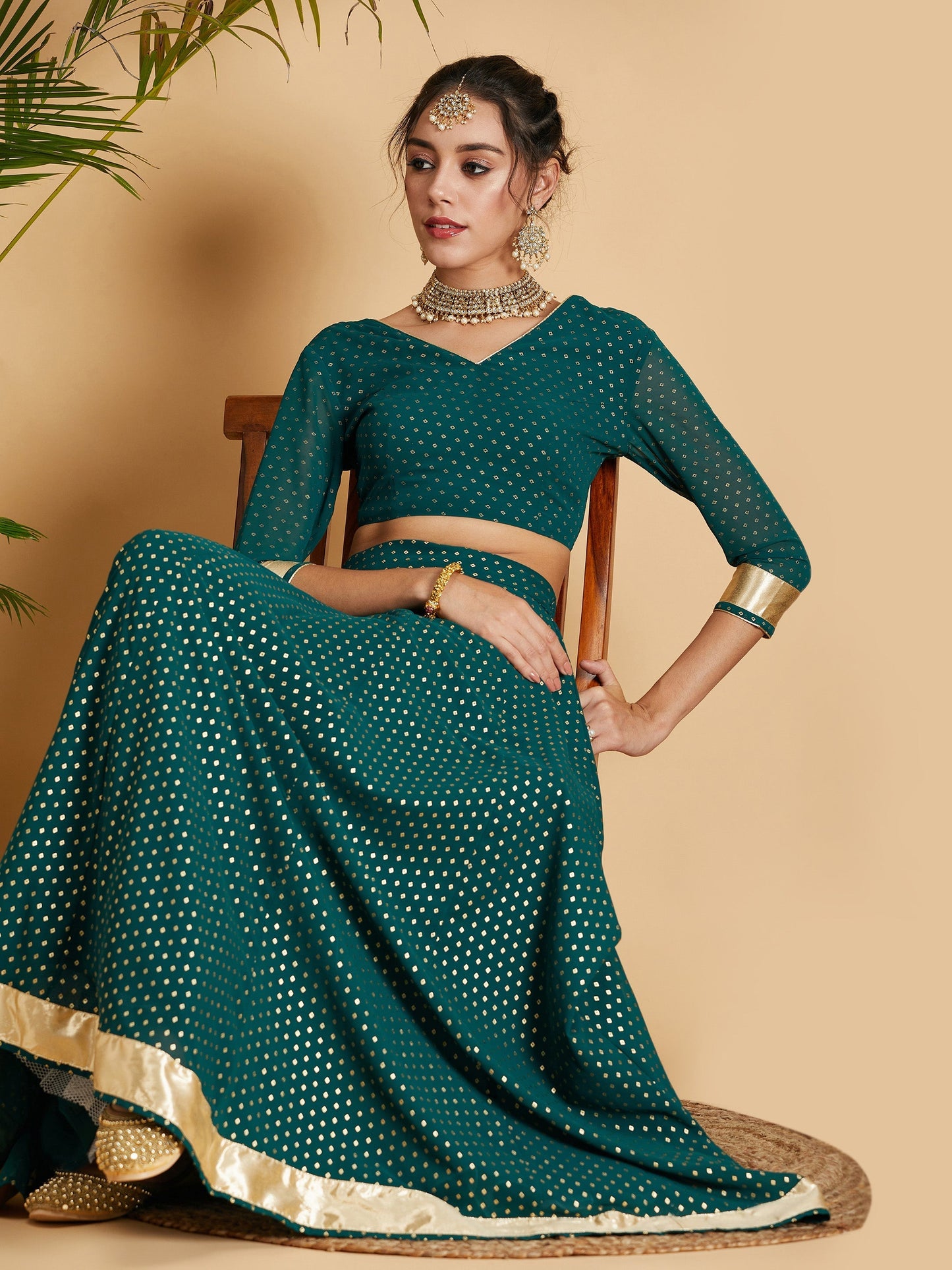 Women's Emerald Dot Foil Print Anarkali Skirt With Crop Top