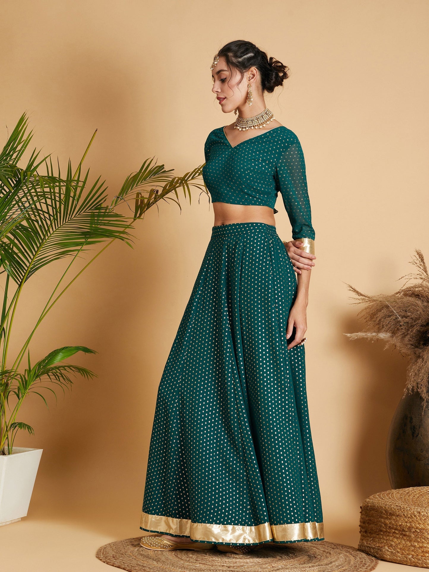 Women's Emerald Dot Foil Print Anarkali Skirt With Crop Top