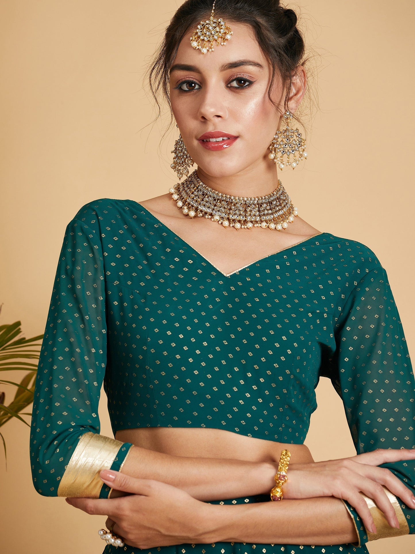 Women's Emerald Dot Foil Print Anarkali Skirt With Crop Top