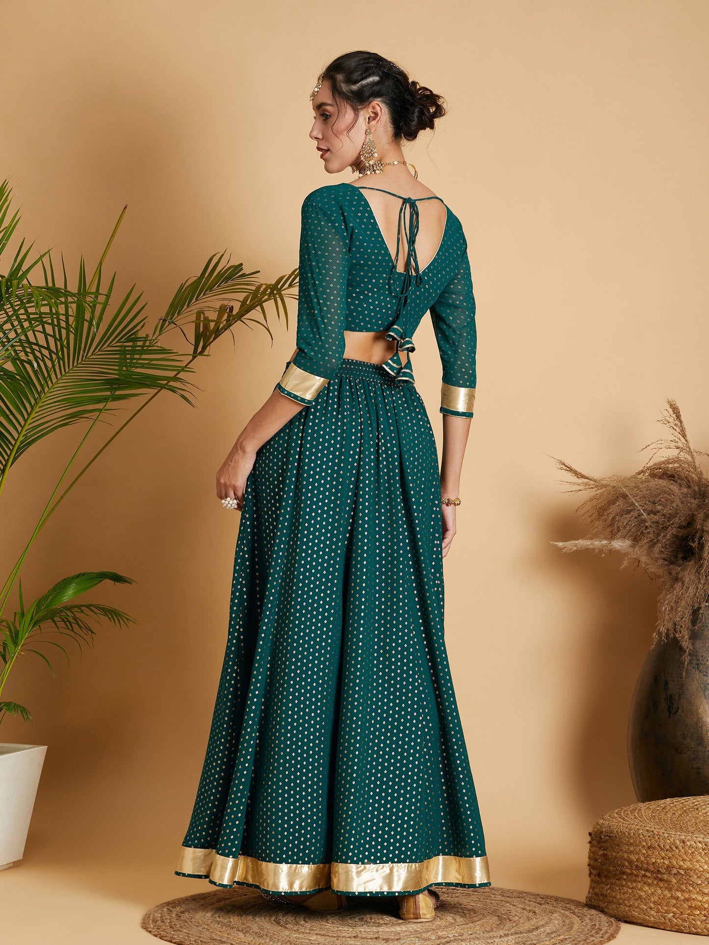 Women's Emerald Dot Foil Print Anarkali Skirt With Crop Top