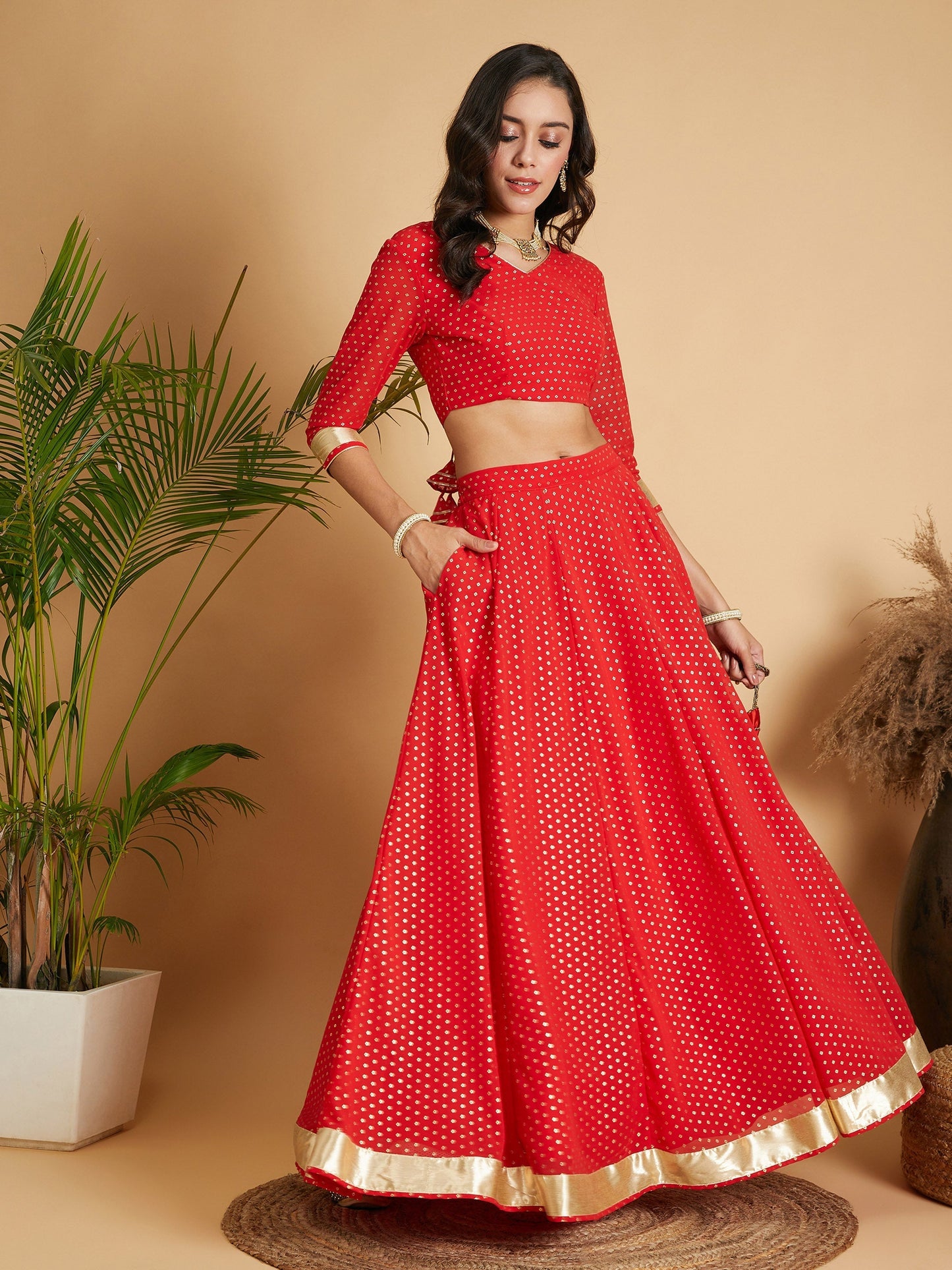 Women's Red Dot Foil Print Anarkali Skirt With Crop Top