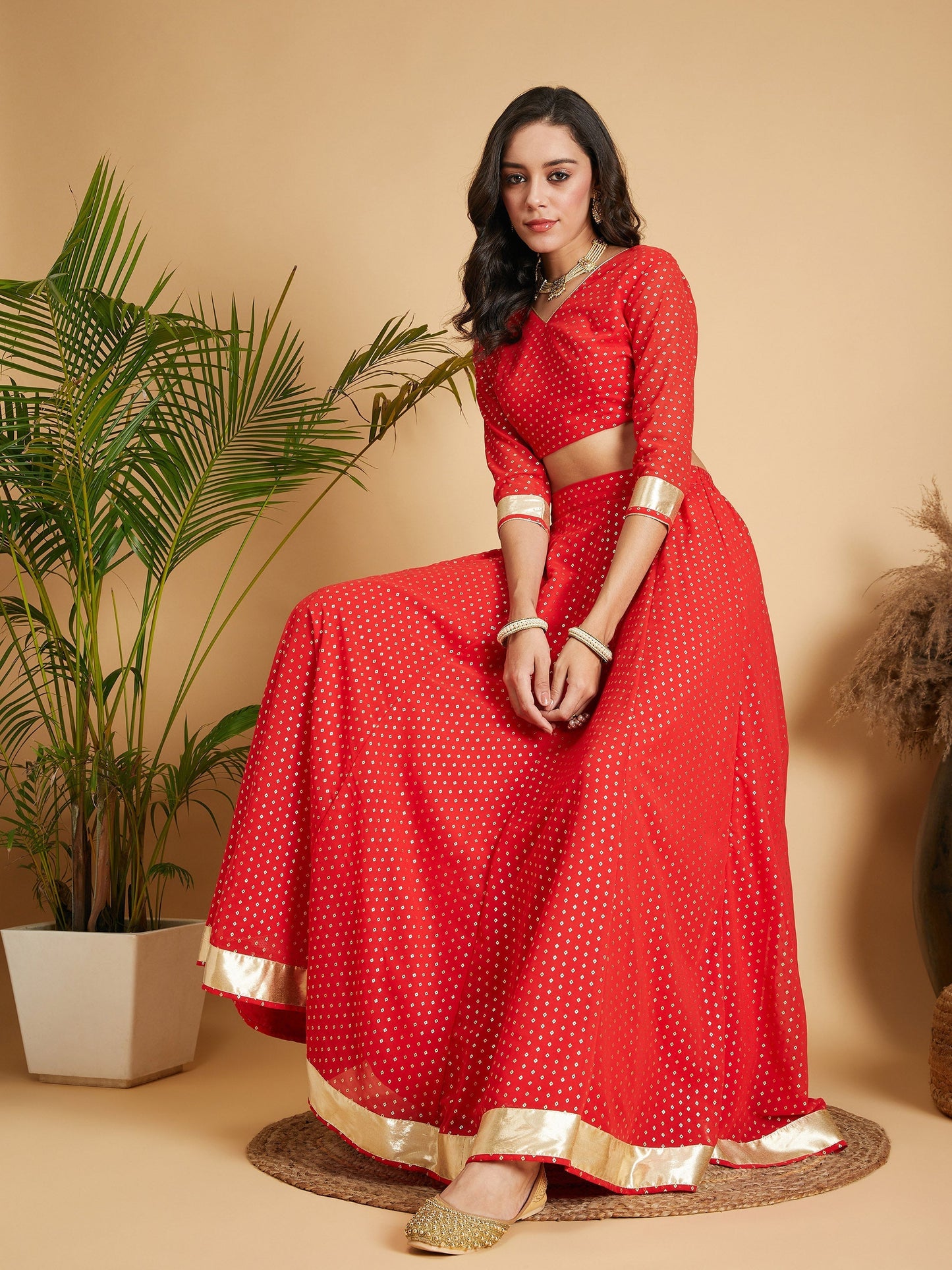 Women's Red Dot Foil Print Anarkali Skirt With Crop Top