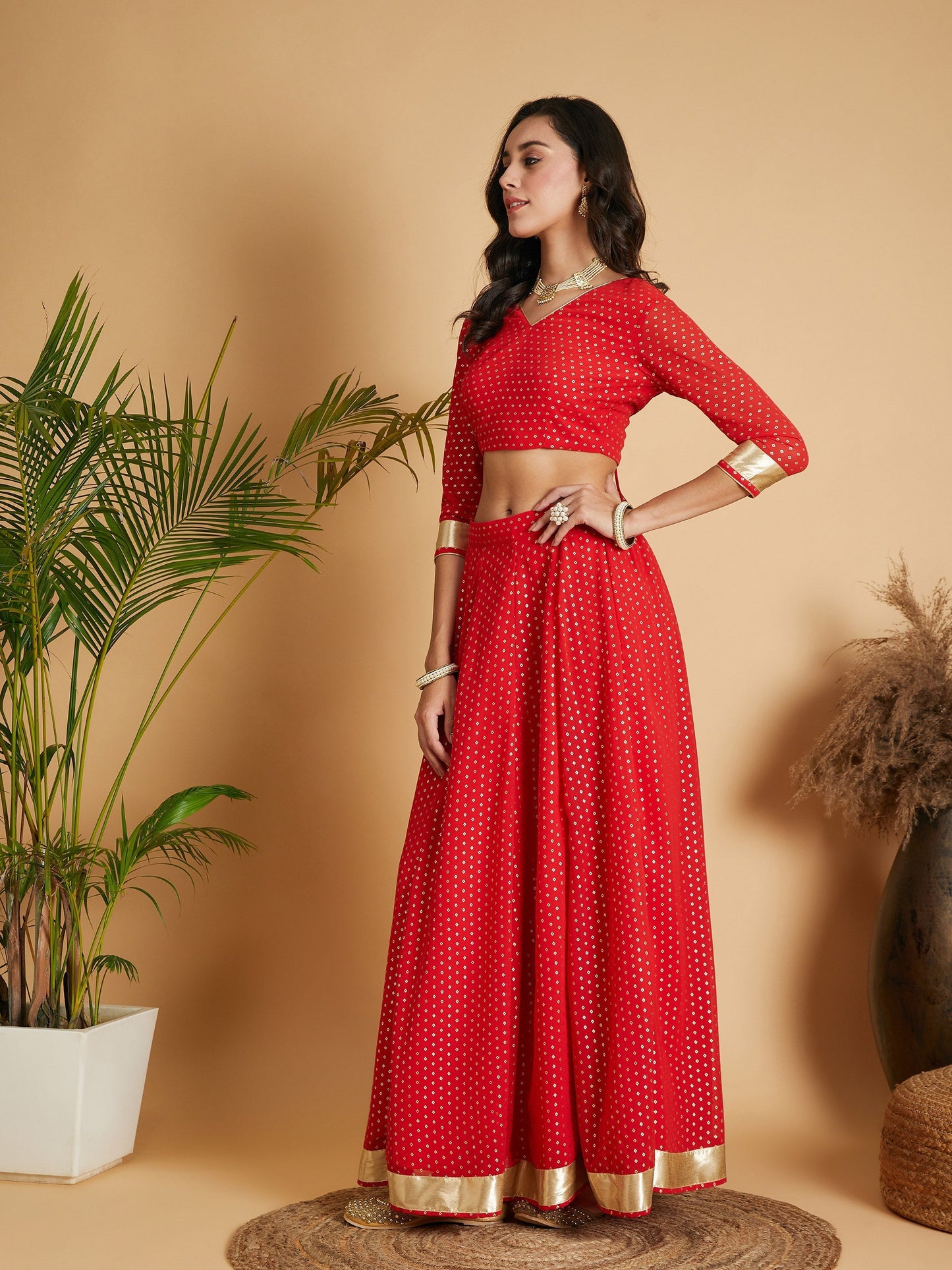 Women's Red Dot Foil Print Anarkali Skirt With Crop Top