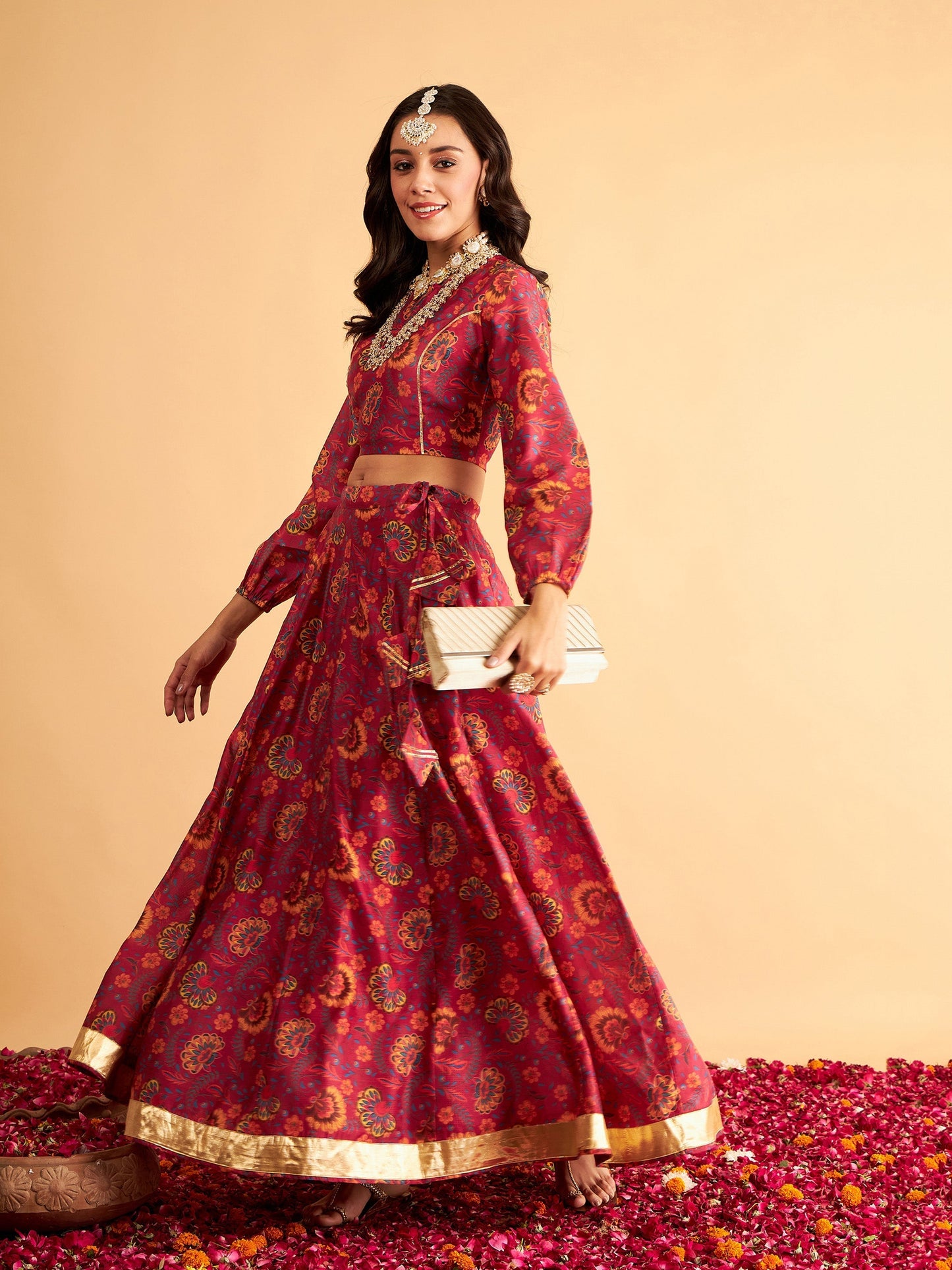 Women's Fuchsia Floral Anarkali Skirt With Crop Top