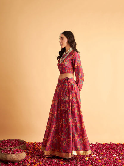 Women's Fuchsia Floral Anarkali Skirt With Crop Top