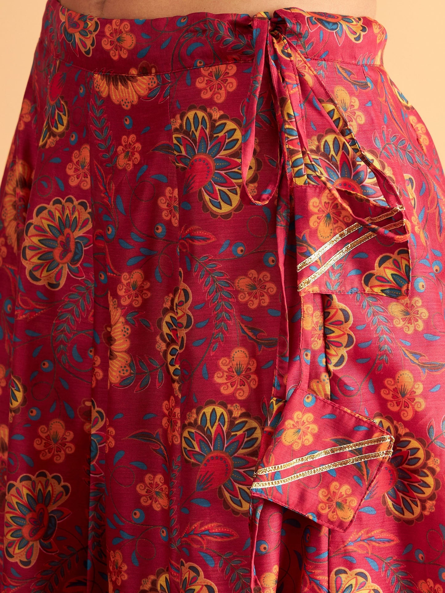 Women's Fuchsia Floral Anarkali Skirt With Crop Top