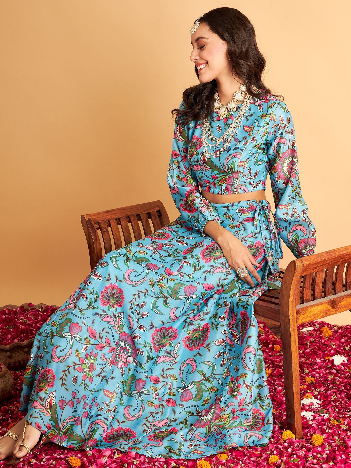 Women's Blue Floral Anarkali Skirt With Crop Top