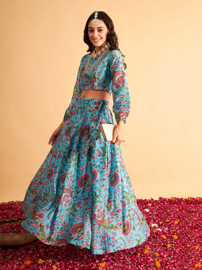 Women's Blue Floral Anarkali Skirt With Crop Top