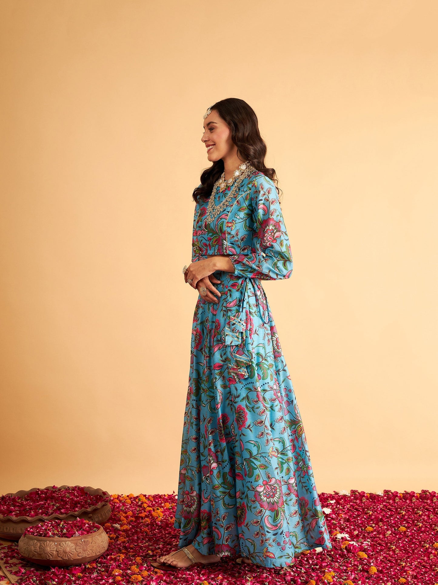 Women's Blue Floral Anarkali Skirt With Crop Top