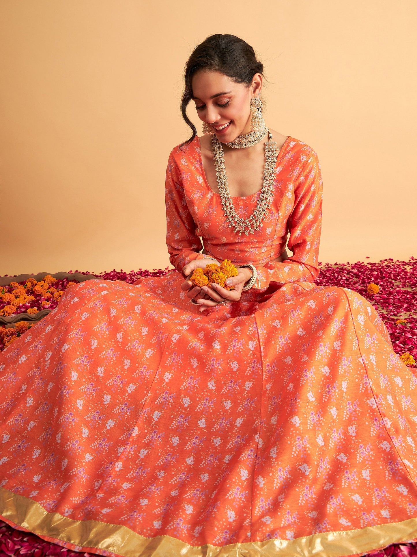 Women's Orange Floral Anarkali Side Pocket Skirt With Crop Top