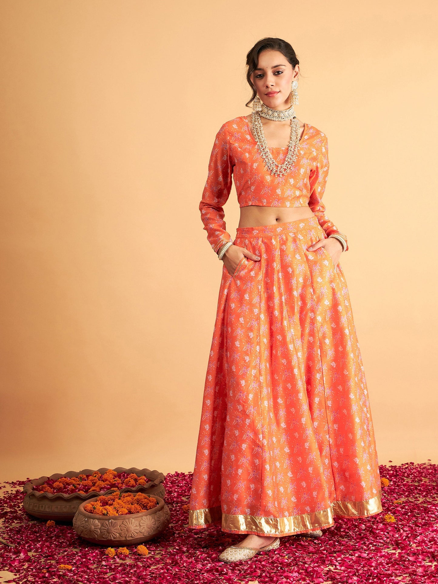 Women's Orange Floral Anarkali Side Pocket Skirt With Crop Top