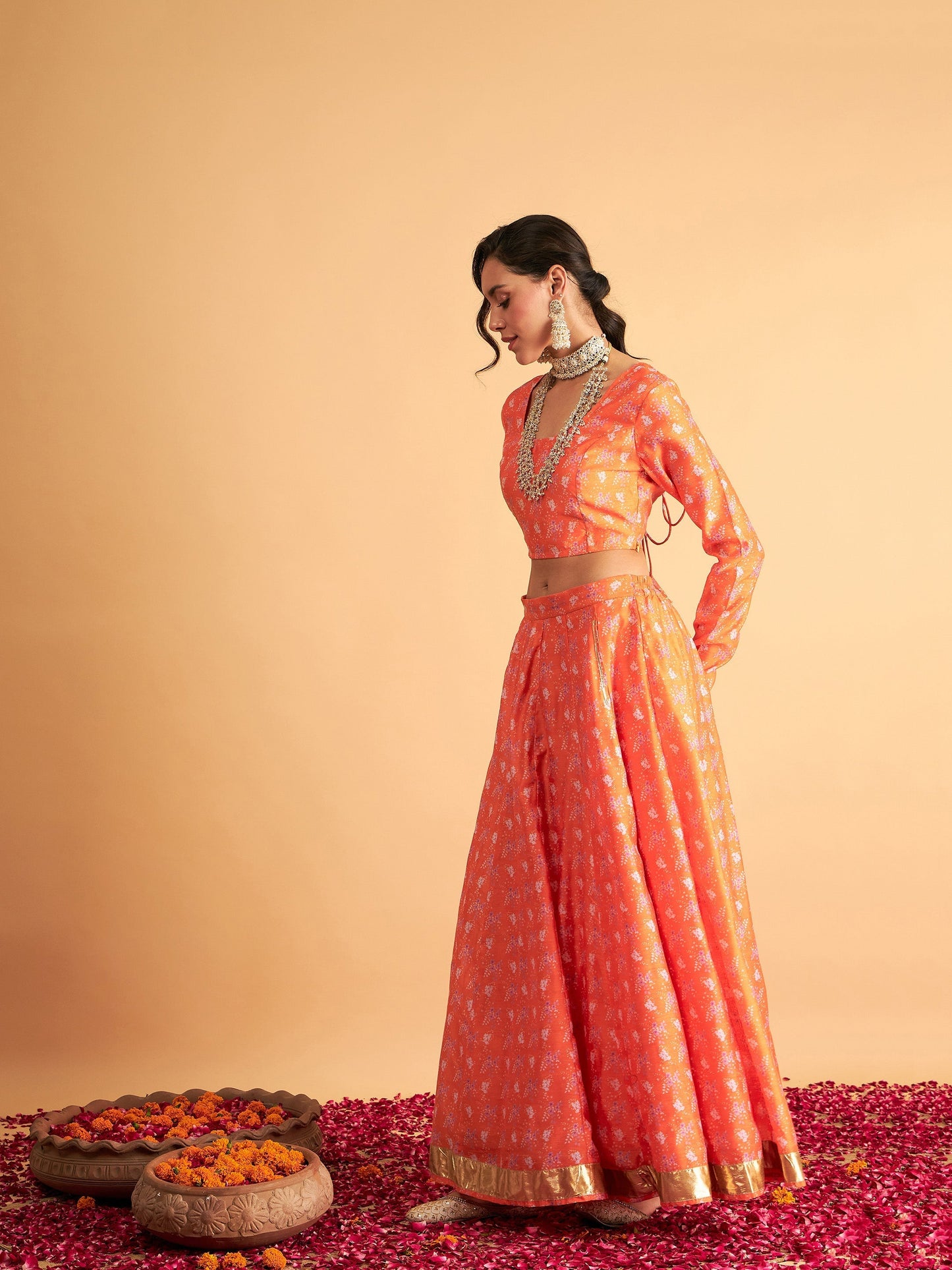 Women's Orange Floral Anarkali Side Pocket Skirt With Crop Top