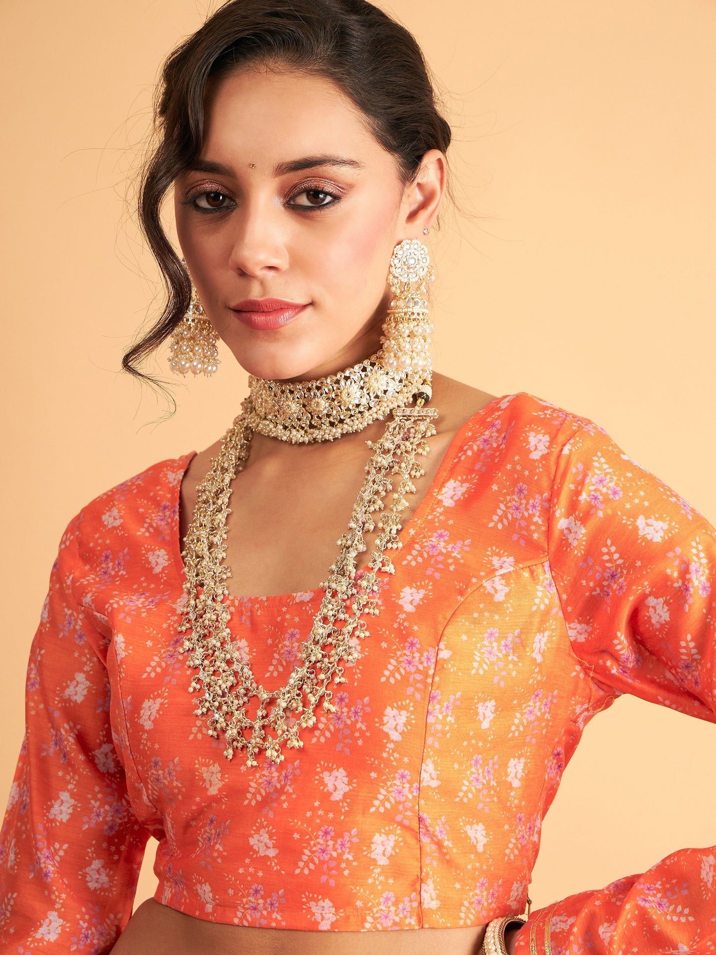 Women's Orange Floral Anarkali Side Pocket Skirt With Crop Top