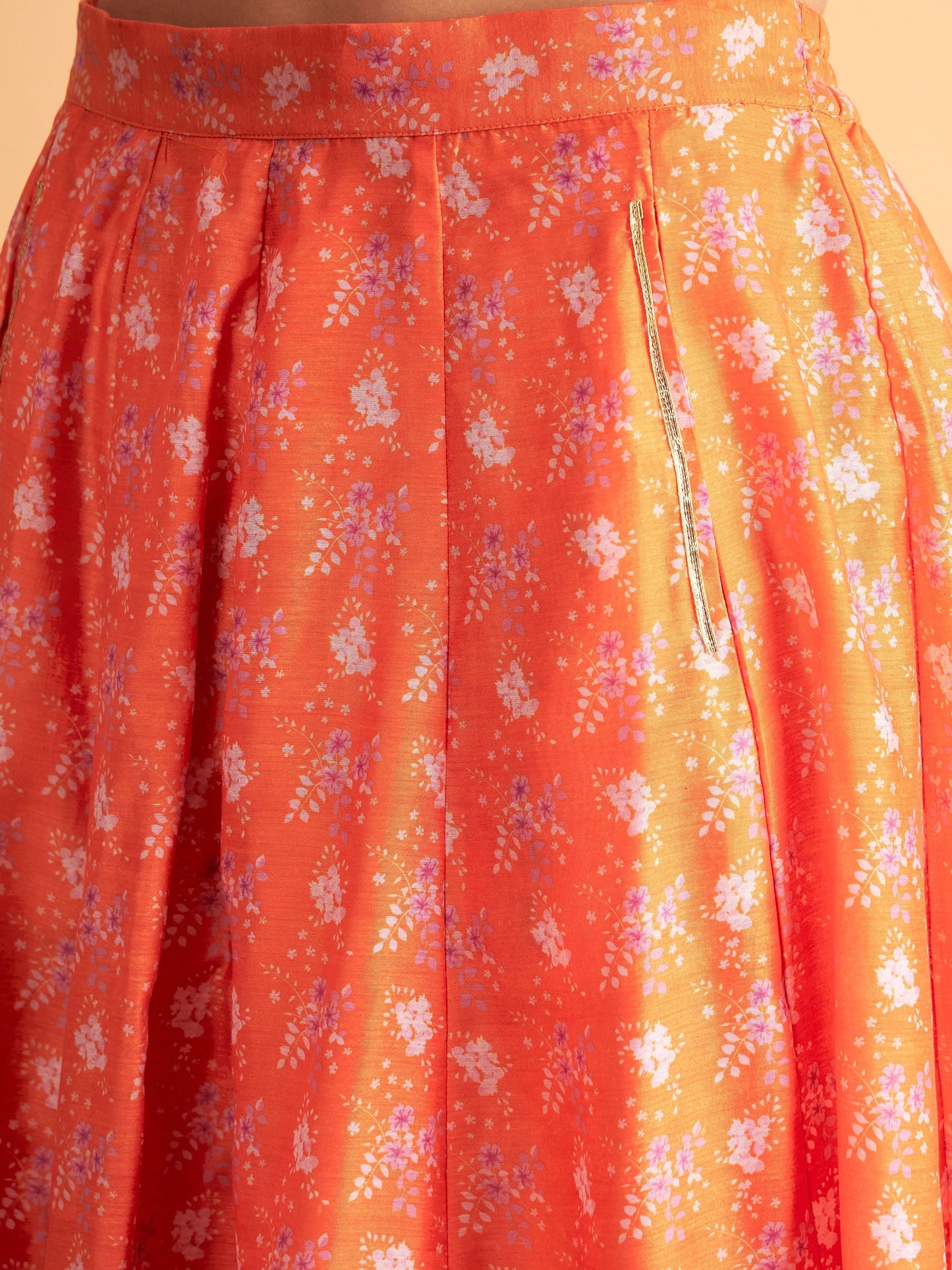 Women's Orange Floral Anarkali Side Pocket Skirt With Crop Top