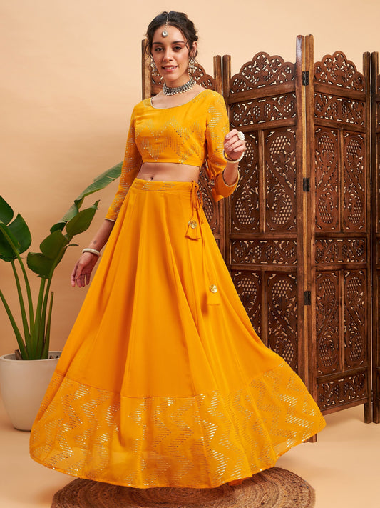 Women's Mustard Mukaish Work Anarkali Skirt With Crop Top