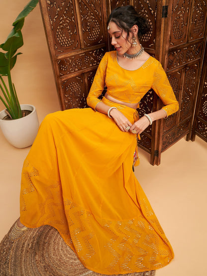 Women's Mustard Mukaish Work Anarkali Skirt With Crop Top