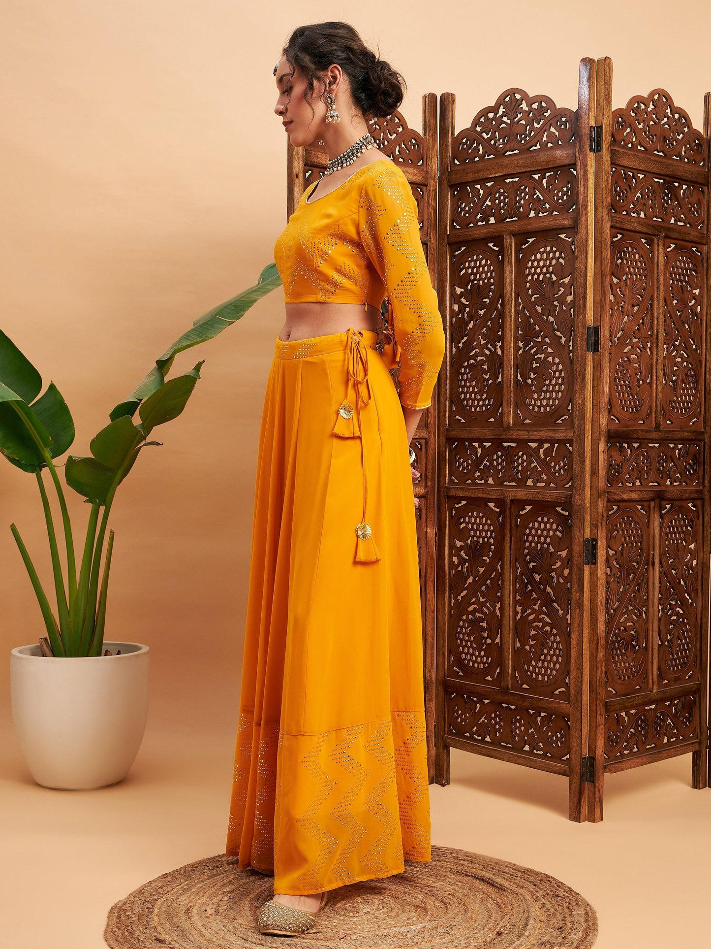 Women's Mustard Mukaish Work Anarkali Skirt With Crop Top