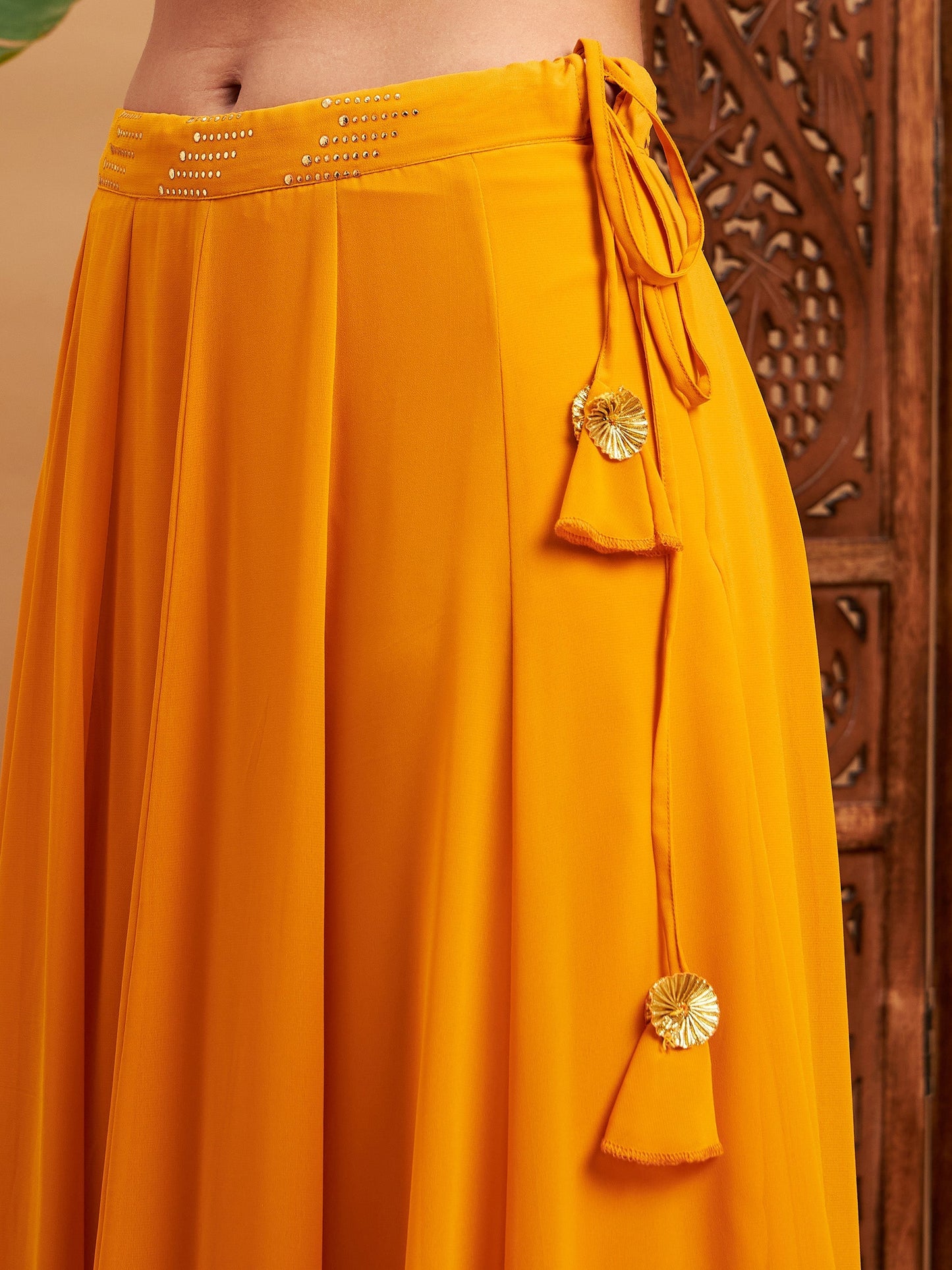 Women's Mustard Mukaish Work Anarkali Skirt With Crop Top