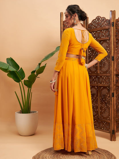 Women's Mustard Mukaish Work Anarkali Skirt With Crop Top