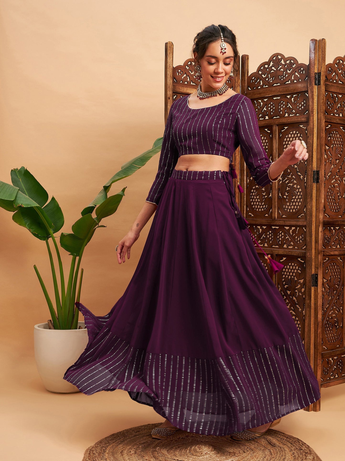 Women's Burgundy Mukaish Work Anarkali Skirt With Crop Top