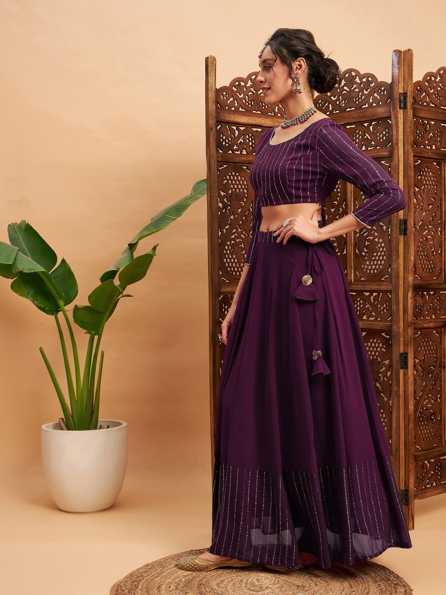 Women's Burgundy Mukaish Work Anarkali Skirt With Crop Top