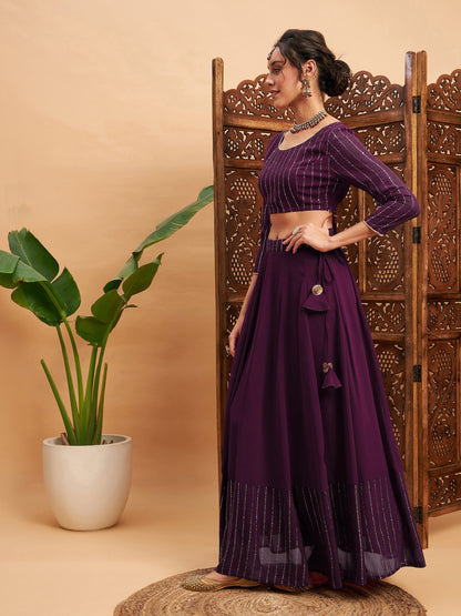 Women's Burgundy Mukaish Work Anarkali Skirt With Crop Top