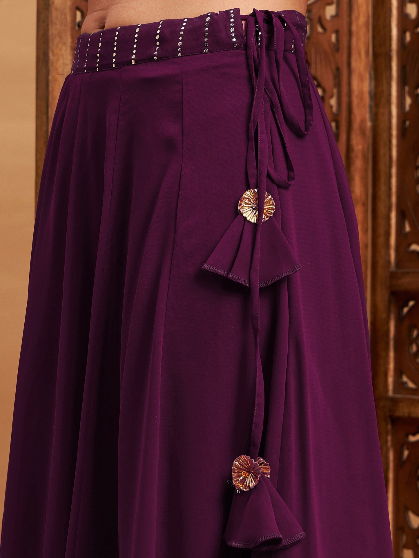 Women's Burgundy Mukaish Work Anarkali Skirt With Crop Top