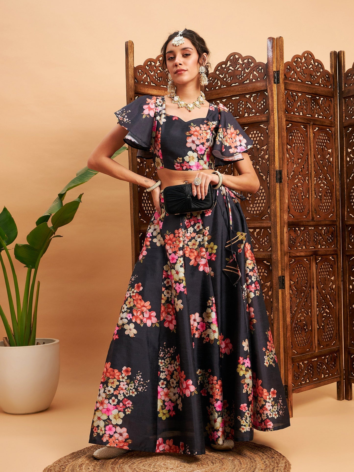 Women's Black Floral Anarkali Skirt With Crop Top