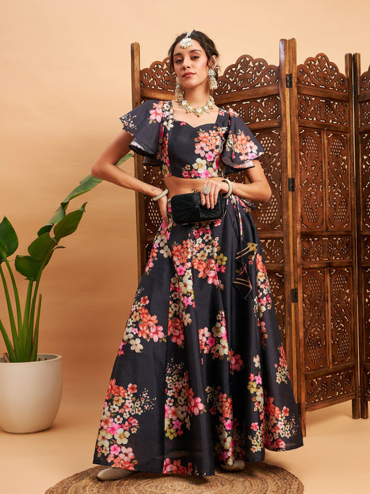 Women's Black Floral Anarkali Skirt With Crop Top