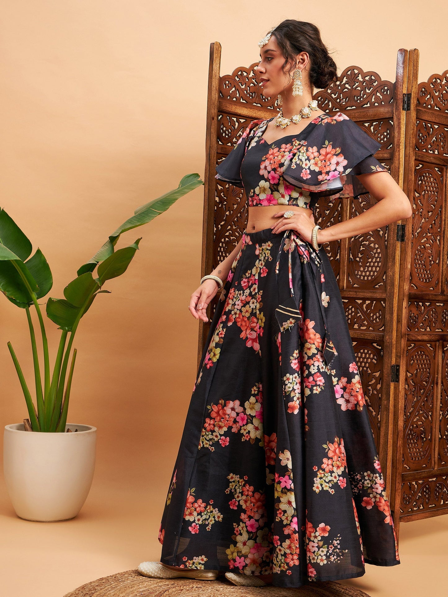 Women's Black Floral Anarkali Skirt With Crop Top