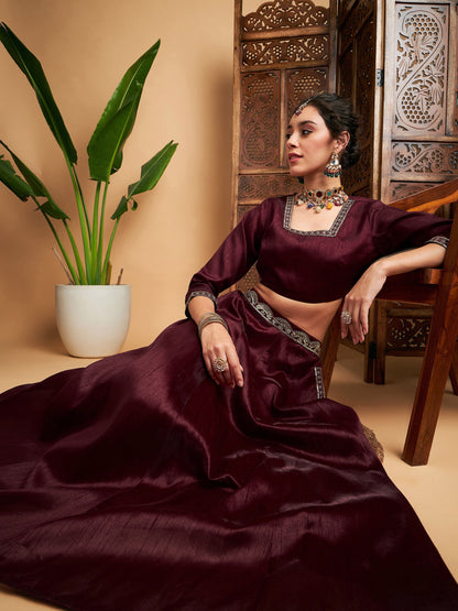 Women's Maroon Embroidered Anarkali Skirt With Crop Top