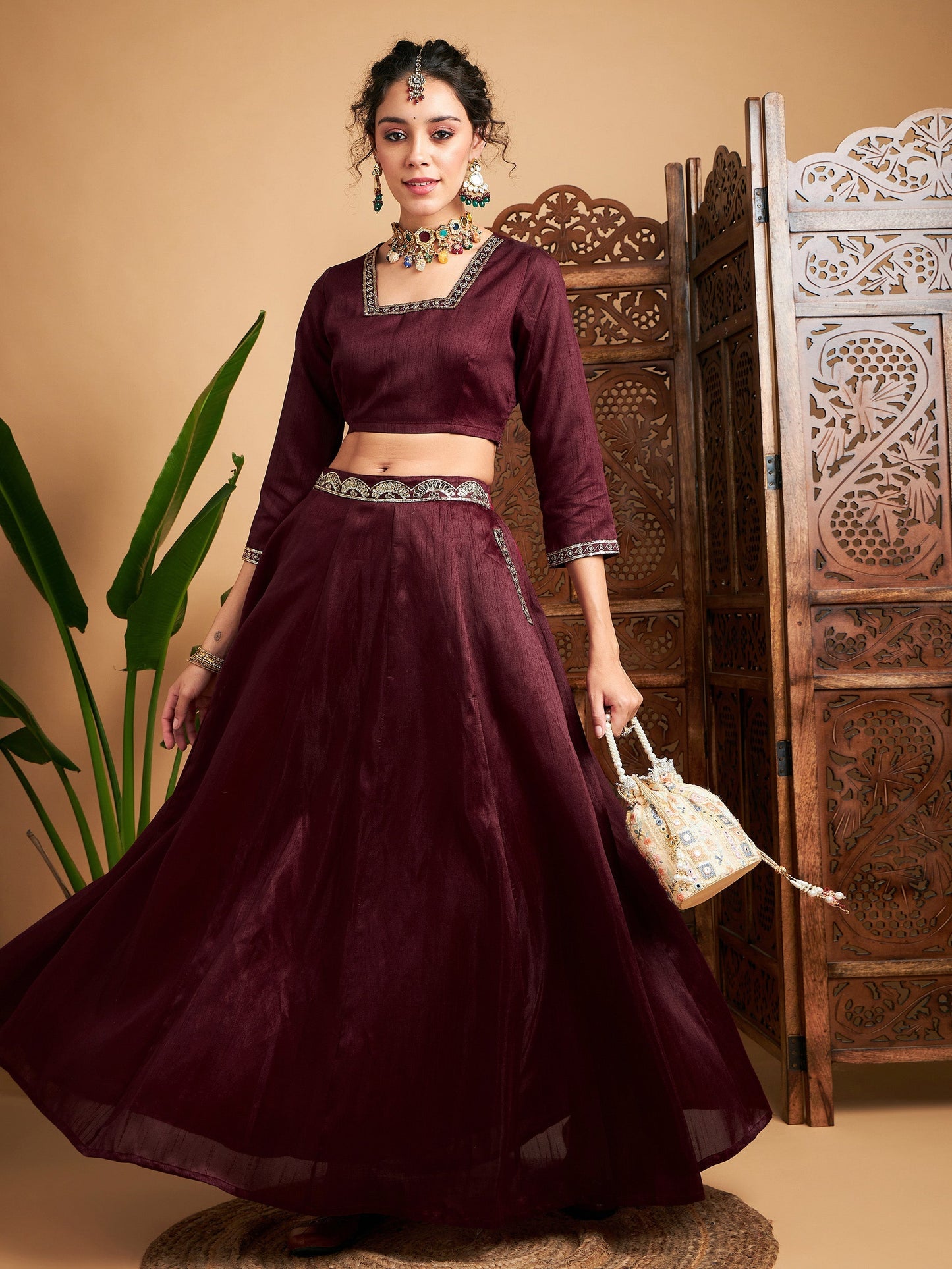 Women's Maroon Embroidered Anarkali Skirt With Crop Top