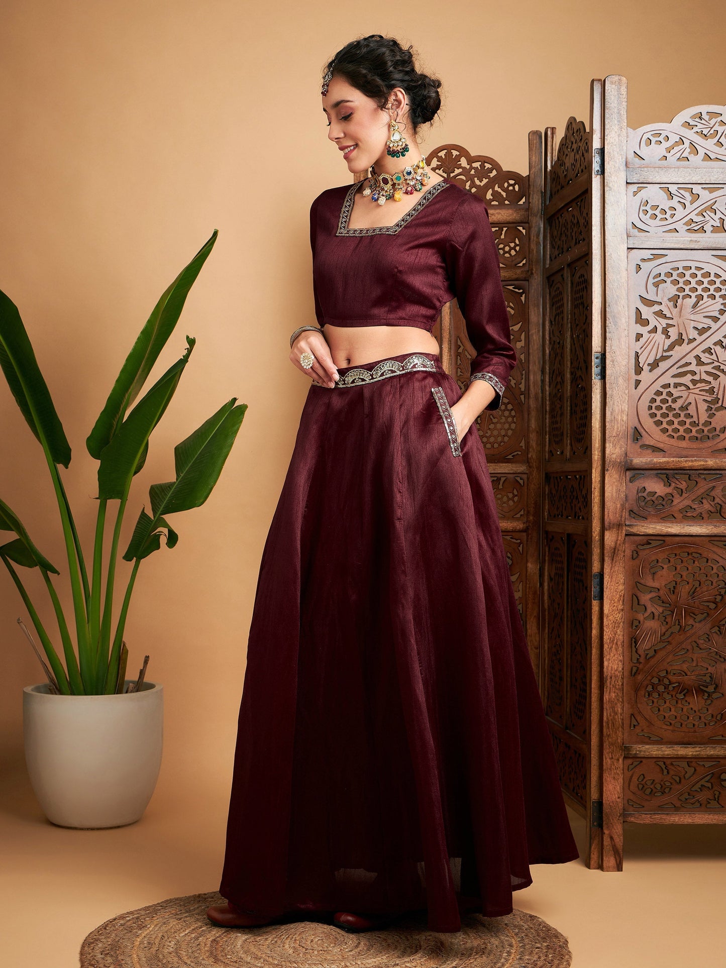 Women's Maroon Embroidered Anarkali Skirt With Crop Top