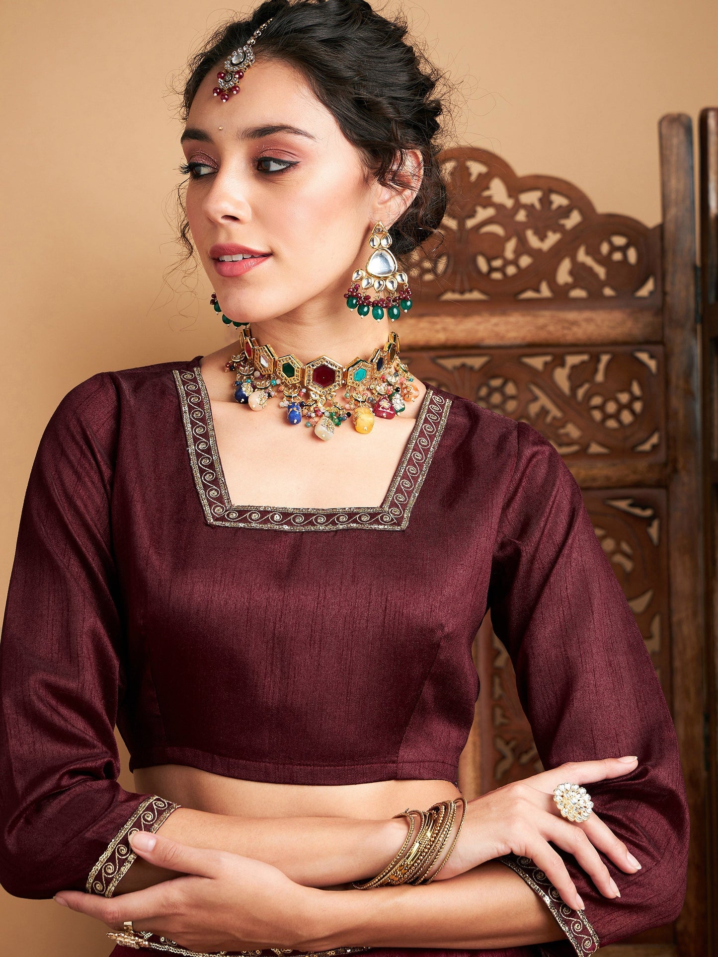 Women's Maroon Embroidered Anarkali Skirt With Crop Top