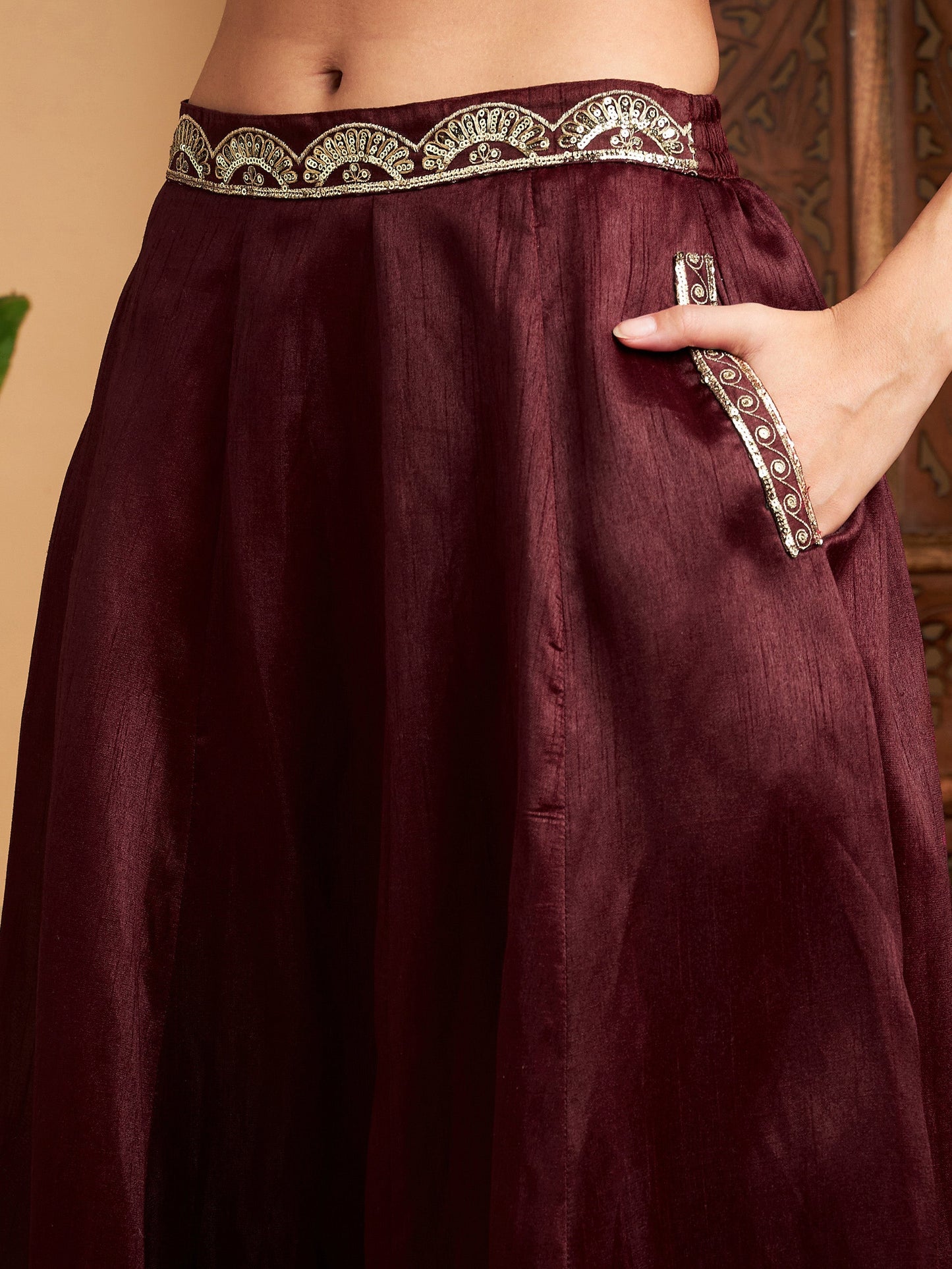 Women's Maroon Embroidered Anarkali Skirt With Crop Top