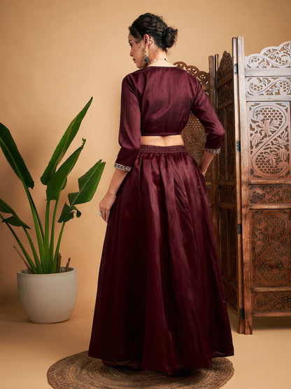 Women's Maroon Embroidered Anarkali Skirt With Crop Top