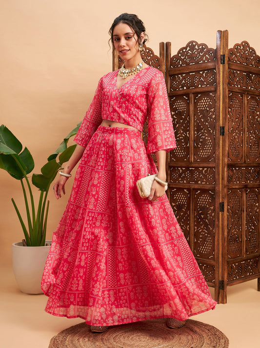 Women's Pink Floral Anarkali Skirt With Wrap Crop Top