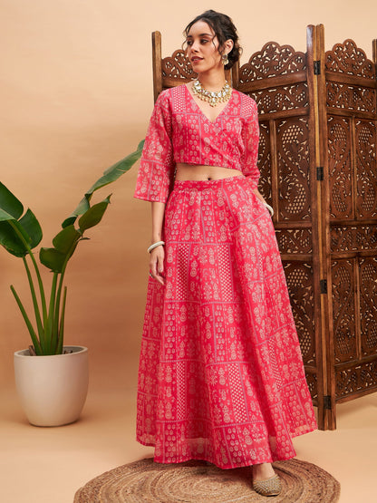 Women's Pink Floral Anarkali Skirt With Wrap Crop Top