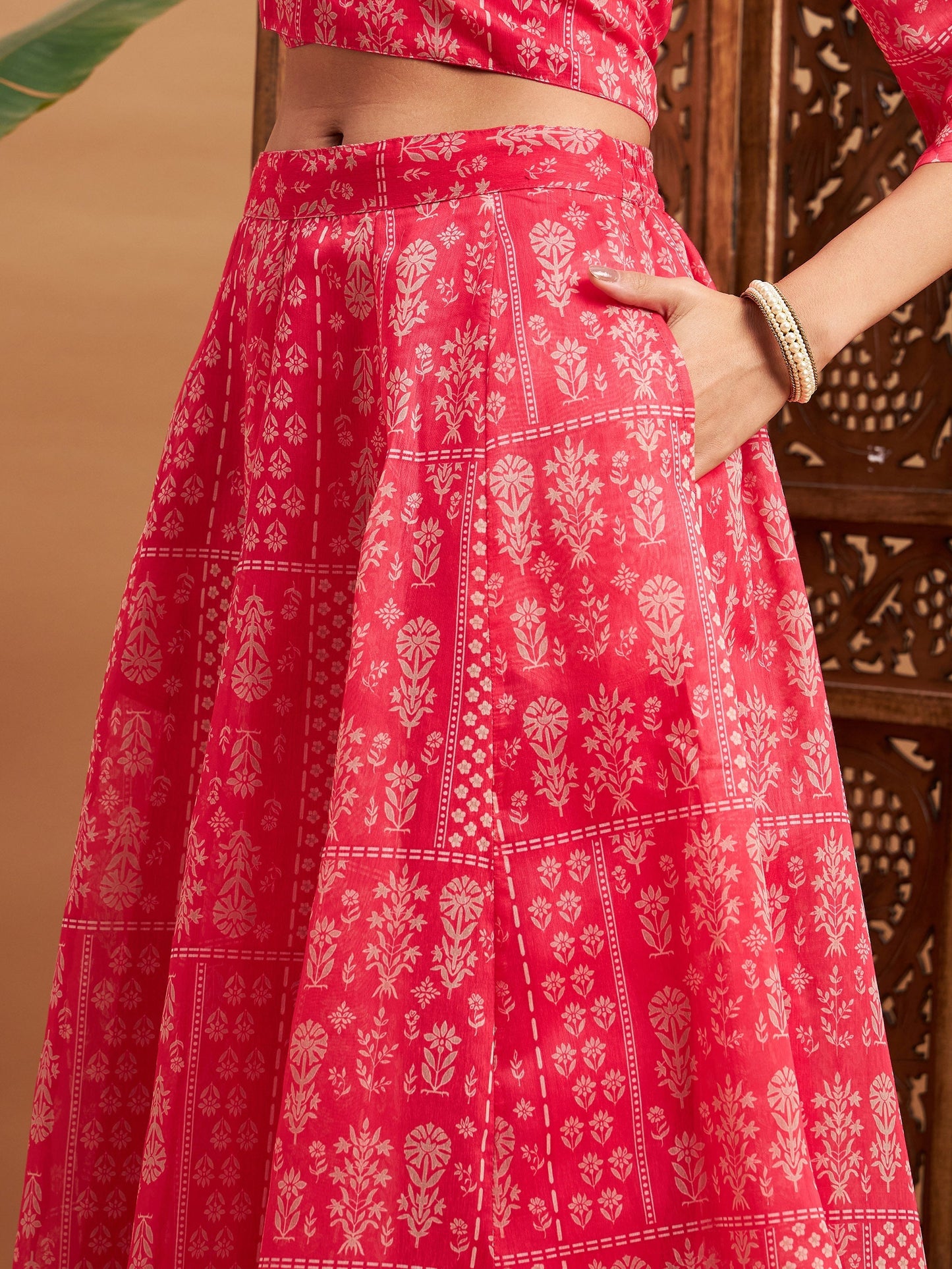 Women's Pink Floral Anarkali Skirt With Wrap Crop Top