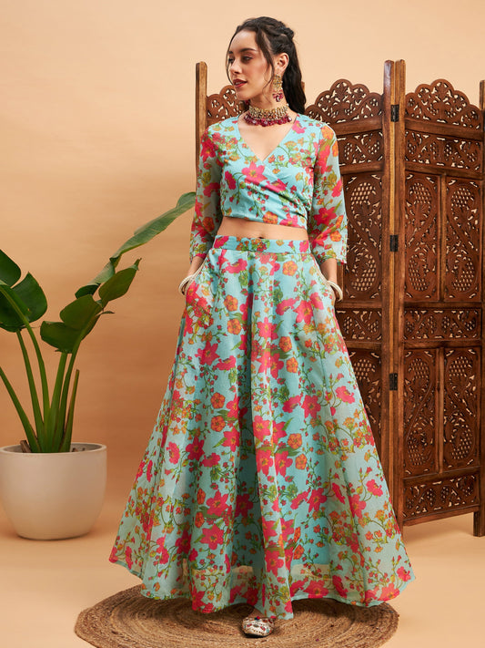 Women's Blue Floral Anarkali Skirt With Wrap Crop Top