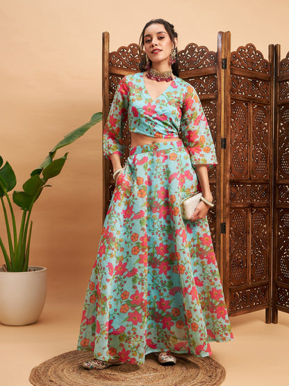 Women's Blue Floral Anarkali Skirt With Wrap Crop Top