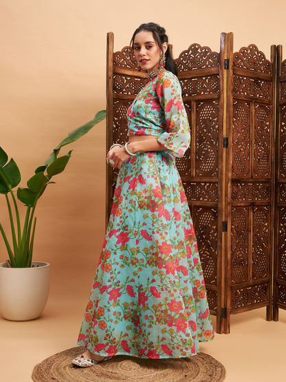 Women's Blue Floral Anarkali Skirt With Wrap Crop Top