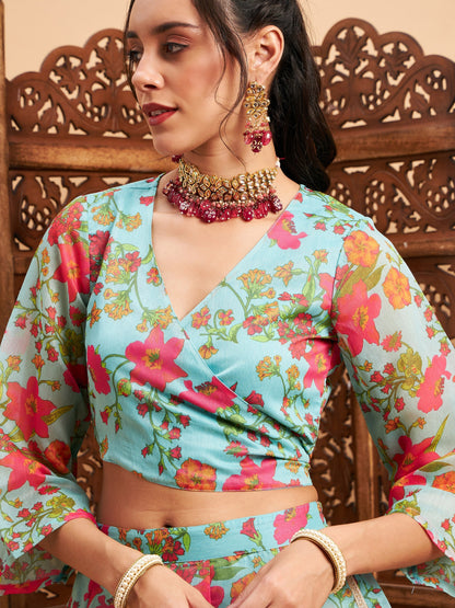 Women's Blue Floral Anarkali Skirt With Wrap Crop Top