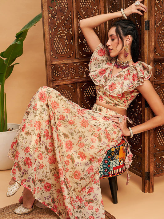 Women's Beige Floral Anarkali Skirt With Frill Crop Top