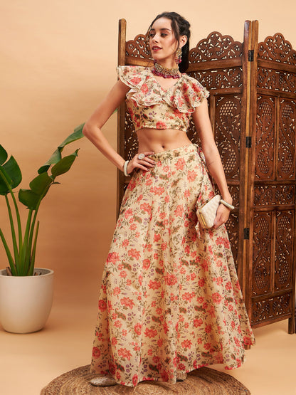 Women's Beige Floral Anarkali Skirt With Frill Crop Top