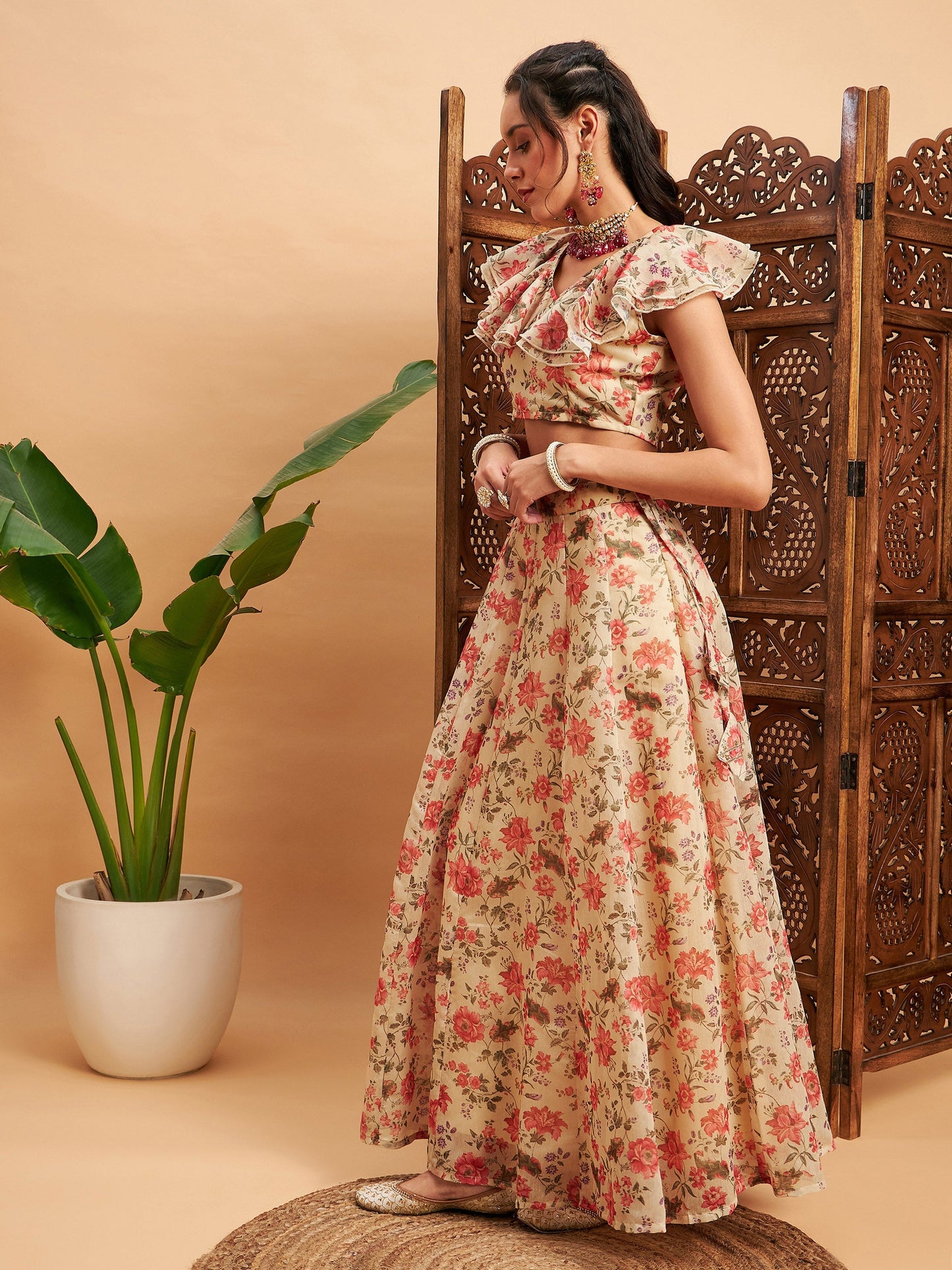 Women's Beige Floral Anarkali Skirt With Frill Crop Top