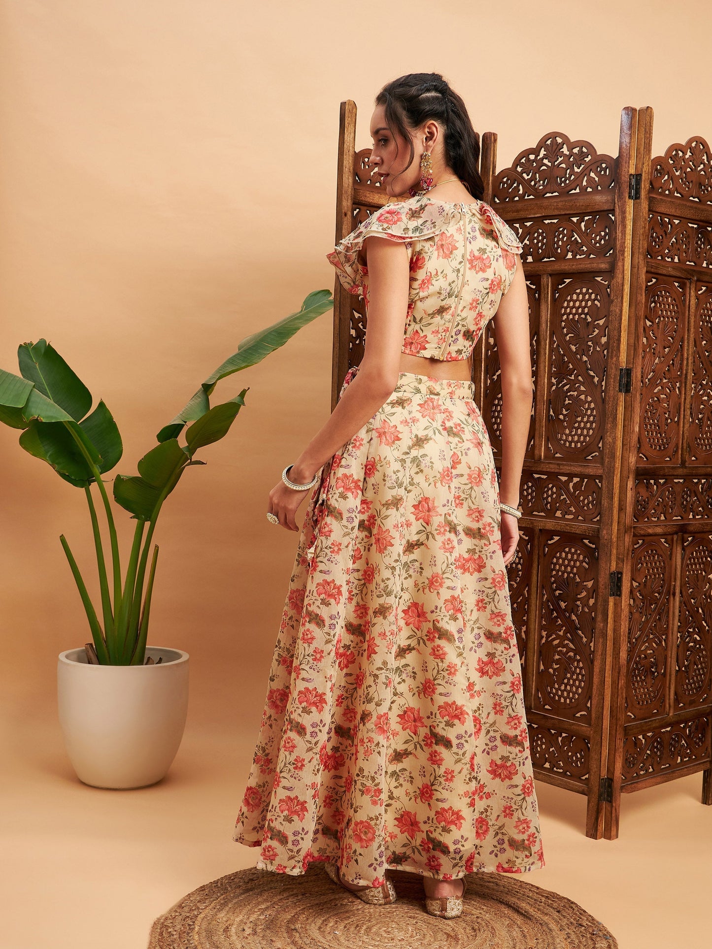 Women's Beige Floral Anarkali Skirt With Frill Crop Top